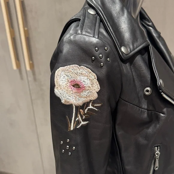 Rebecca Minkoff Black Leather Jacket with Embroidered Floral Accents - Picture 5 of 12